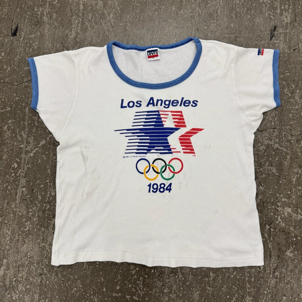 Levi's Ringer Tee Women M White Good Vintage 80s 1984 Los Angeles Olympics